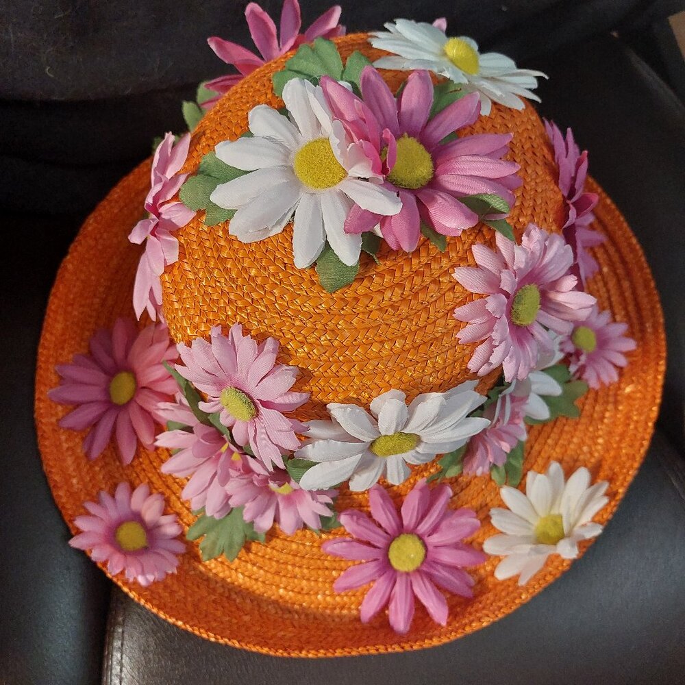 Summer vintage straw sun hat upcycled with flowers, Tiki Hawaii Pinup